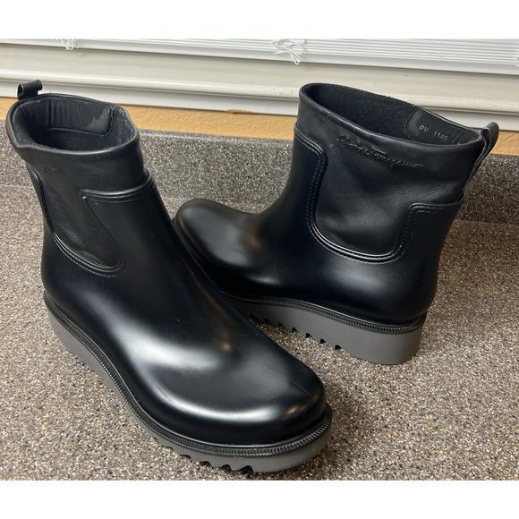 Salvatore Ferragamo Men's 11 M Black Rubber Rain Boots Wellies Lugged MSRP $595 - Picture 1 of 10